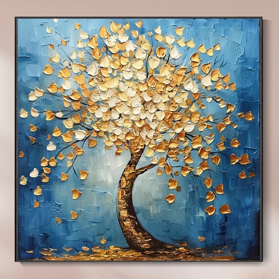 Gold Foil Paintinggolden Tree Painting On 3d Textured Wall Art Colorful Night Sky Painting Statement Living Room Wall Decor