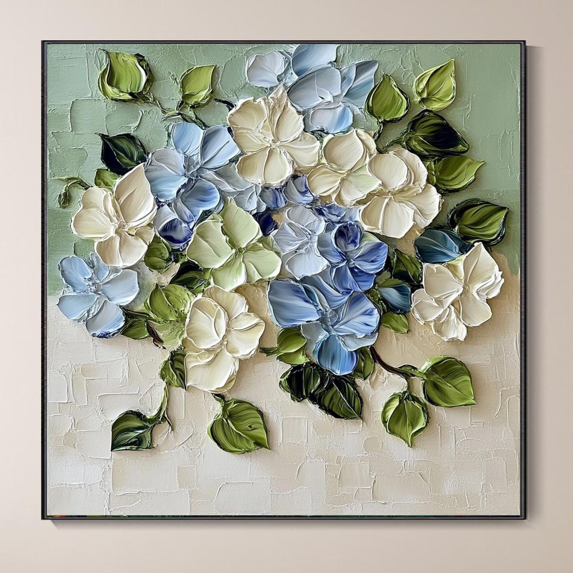 Blue White Hydrangea Blossoms Sage Green Impasto Floral Poster