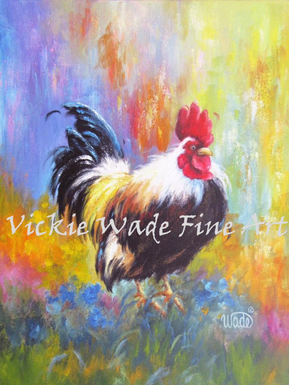 Proud Rooster With White Chest And Black Tail Abstract Art Poster