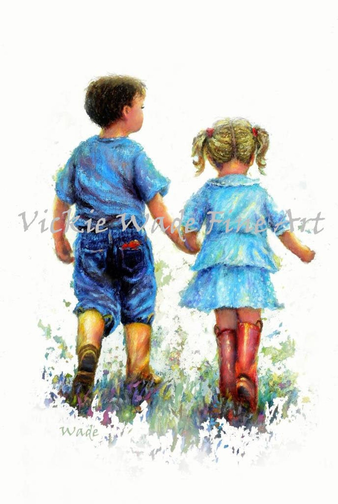 Brother And Sister Walk Art Print Boy And Girl Holding Hands Brunette Boy Blonde Girl Walking Together Hand In Hand Vickie Wade Art