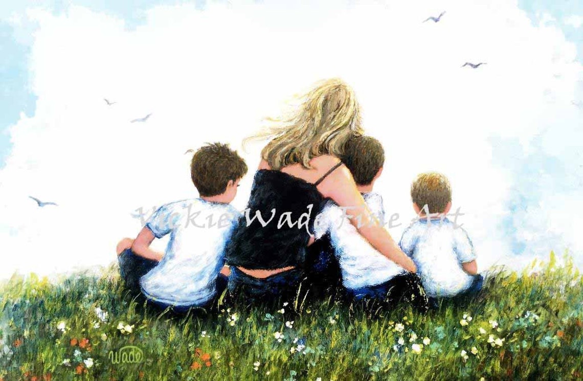 Blonde Mother with Three Young Sons in a Summer Meadow Poster