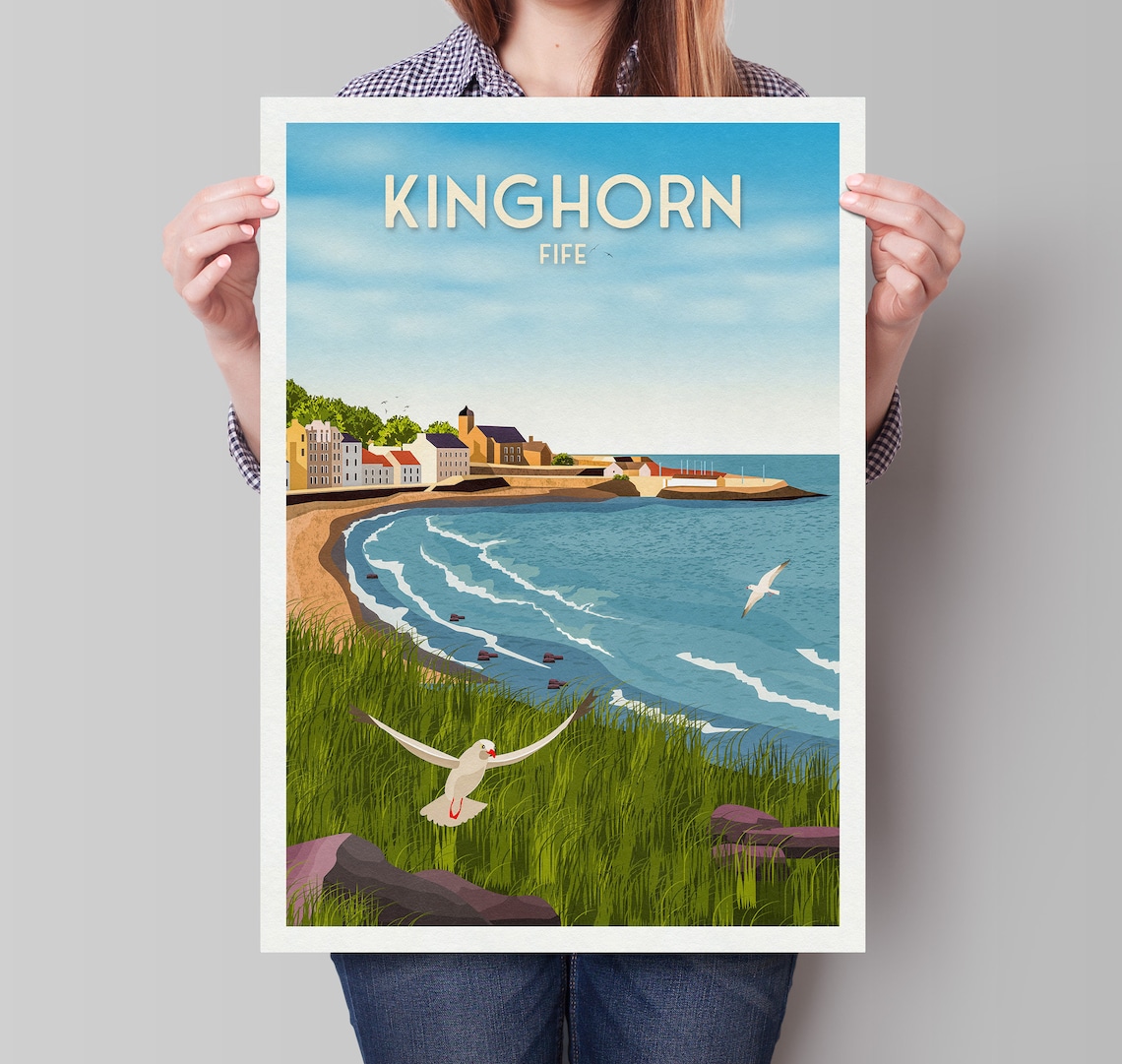 Kinghorn Fife Travel Poster, Scottish Harbour Village