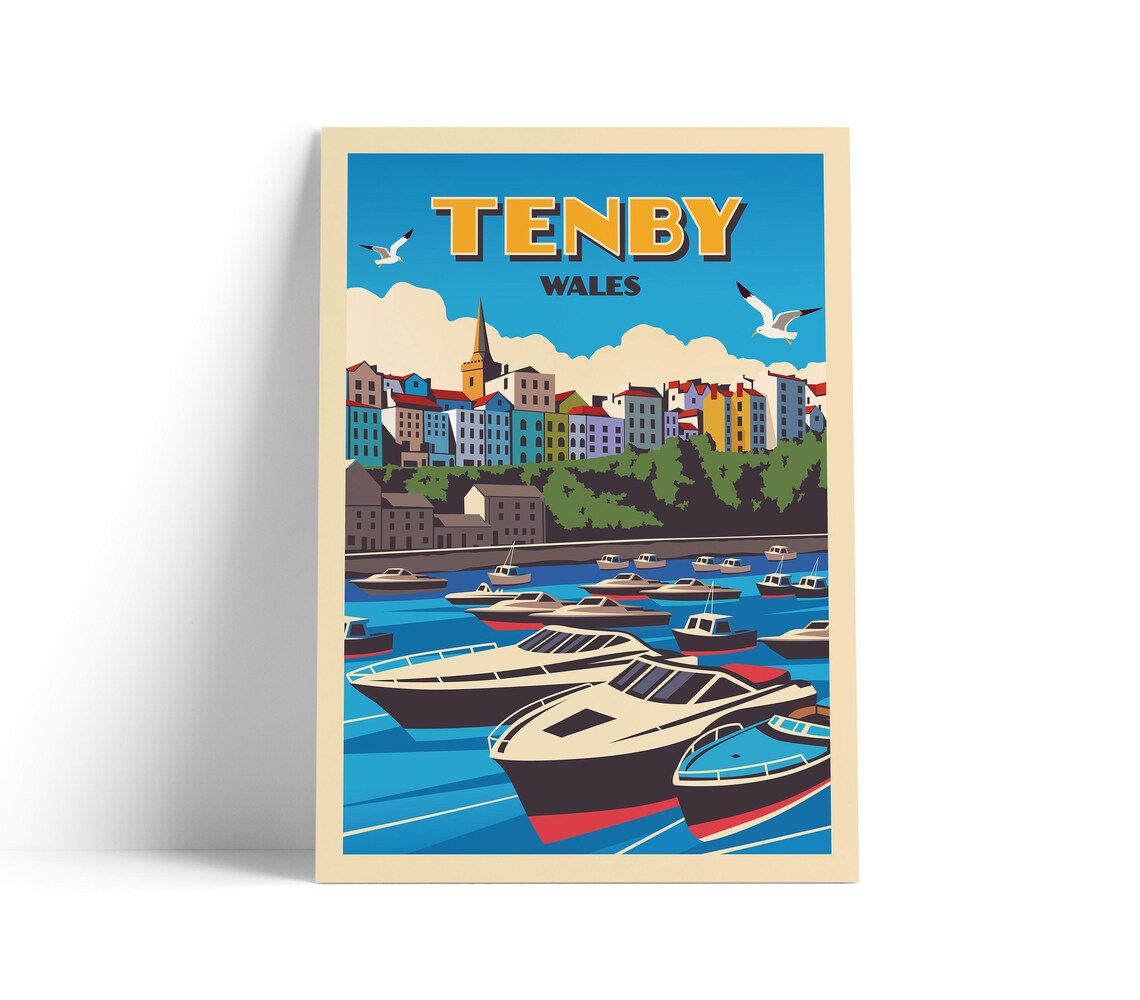 Tenby Wales Colorful Harbor Boats Seagulls Retro Seaside Travel Poster