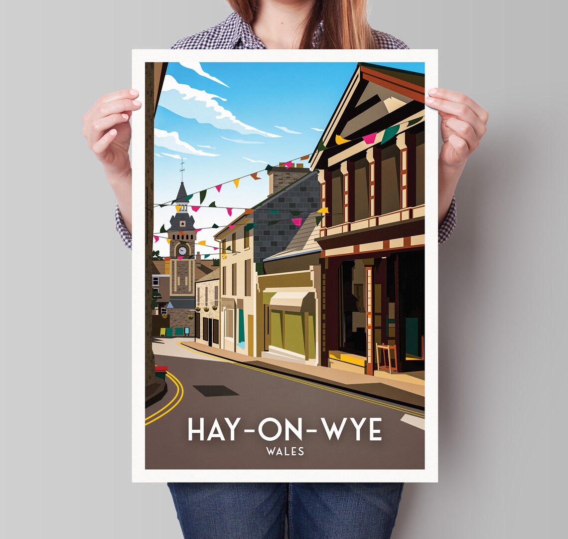 Quaint Lovely Hay on Wye Wales Charming Market Town Vintage Travel Art Poster