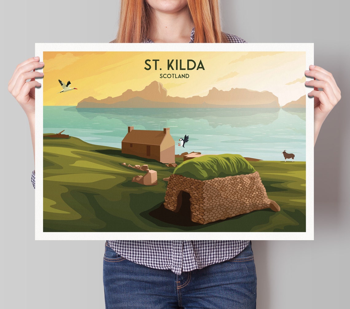 St Kilda Scotland Travel Poster with Croft House and Puffin Birds