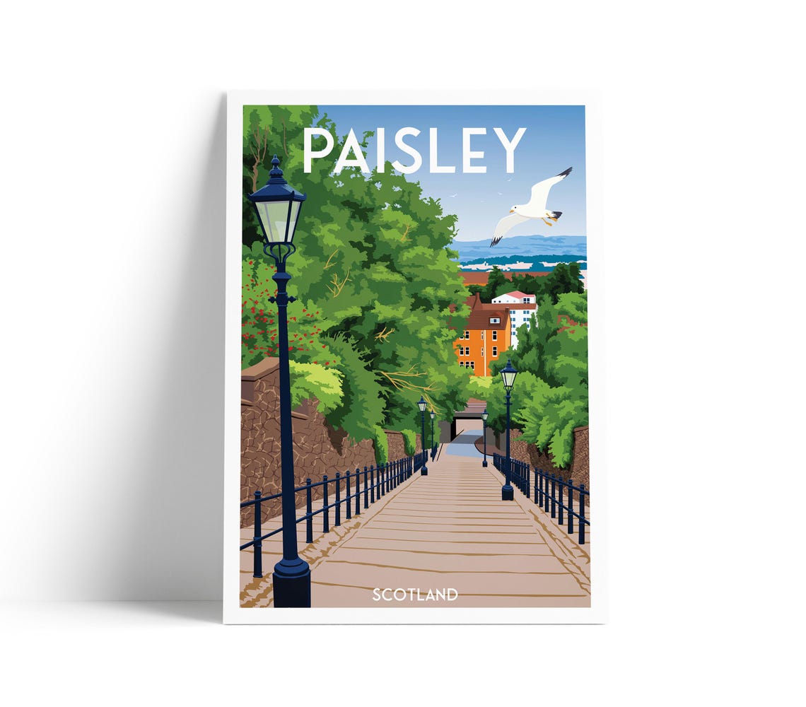 Paisley Scotland Staircase Lampposts Sunny Day Retro Travel Poster
