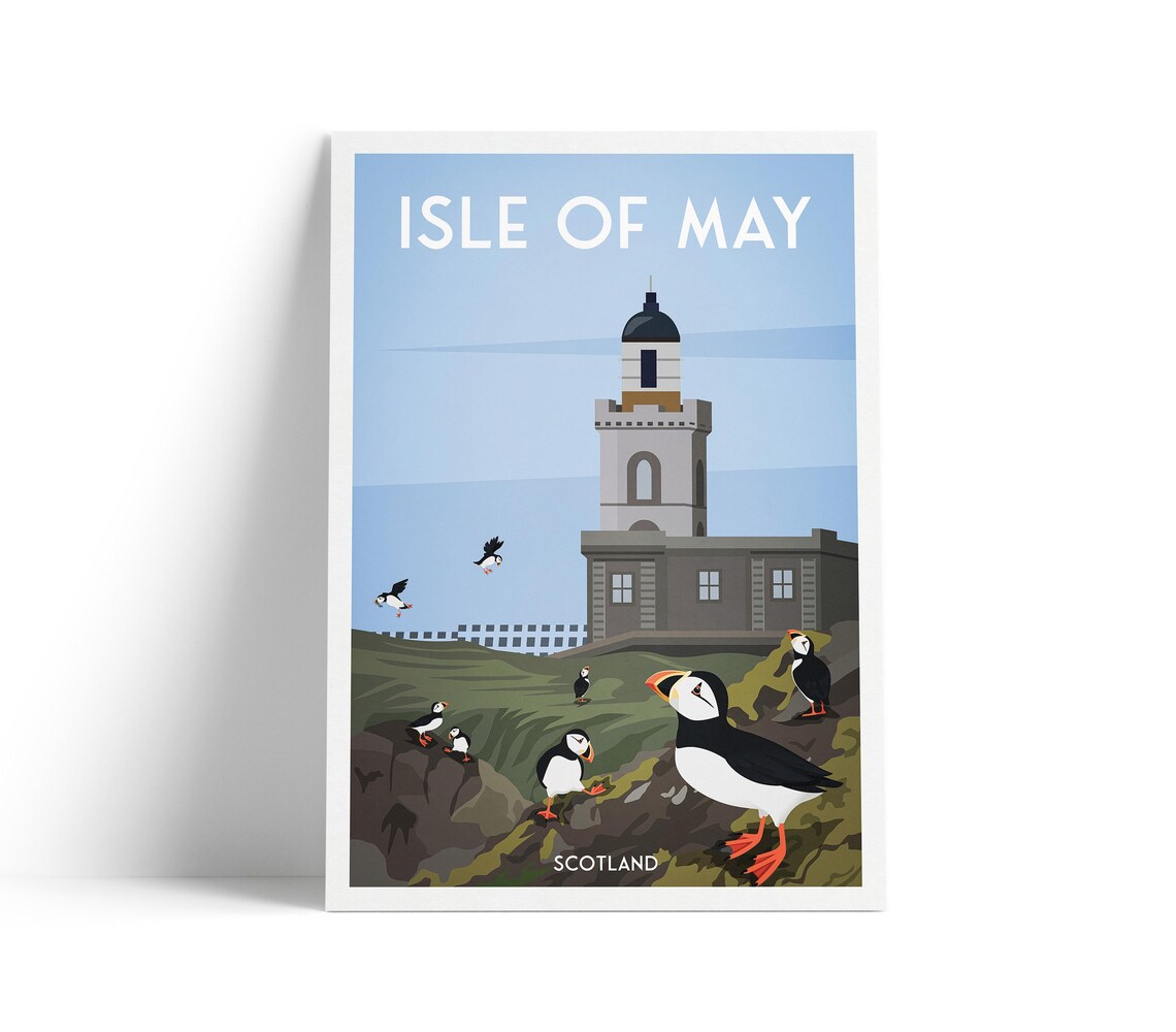 Isle of May Scotland Lighthouse and Puffins Vintage Travel Poster