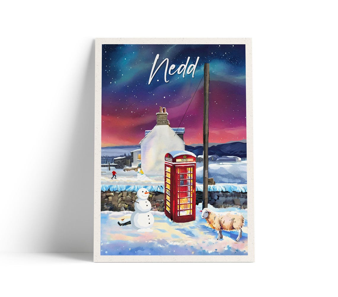 Nedd Winter Snow Phone Box Snowman Sheep Scottish Night Art Poster