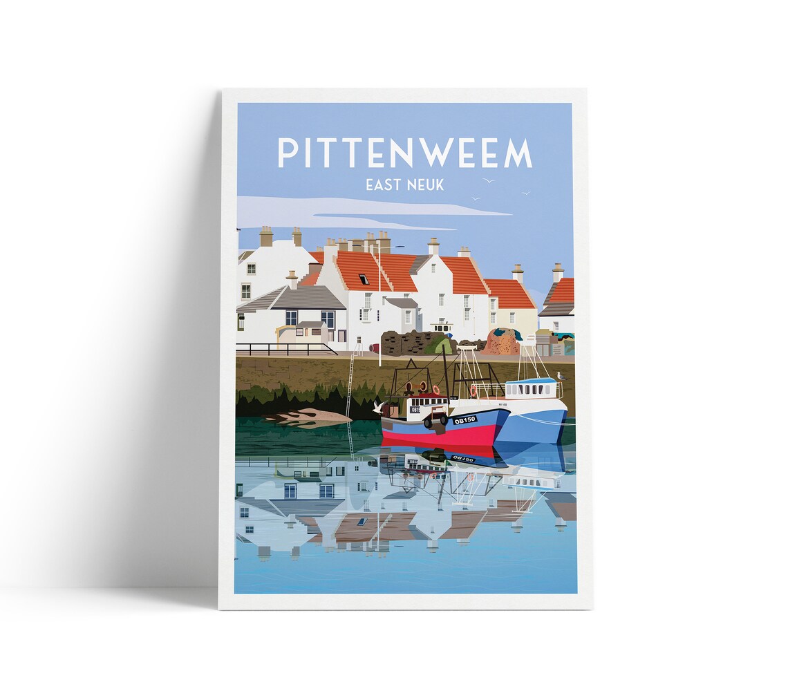 Pittenweem East Neuk Scottish Fishing Harbor Boats Vintage Travel Poster