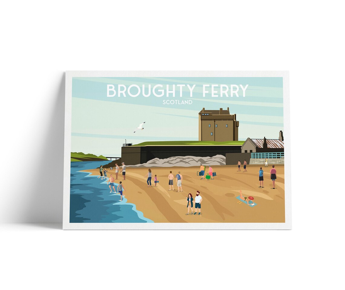 Broughty Ferry Scotland Beach Castle Travel Poster Summer Scene