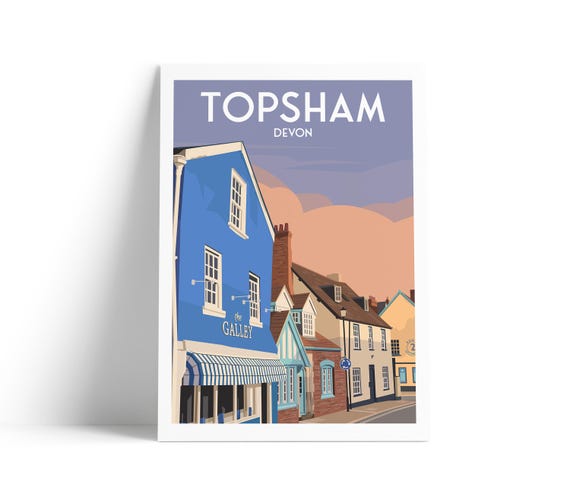 Topsham Travel Poster Fore Street Print Quaint Houses Wall Art Devon Coastal Town Illustration A4 A3 A2 A1