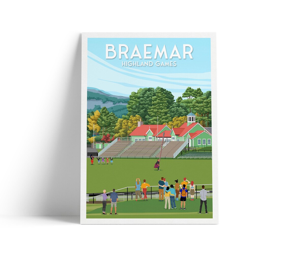 Braemar Highland Games Travel Poster Caber Toss Scotland Event Art