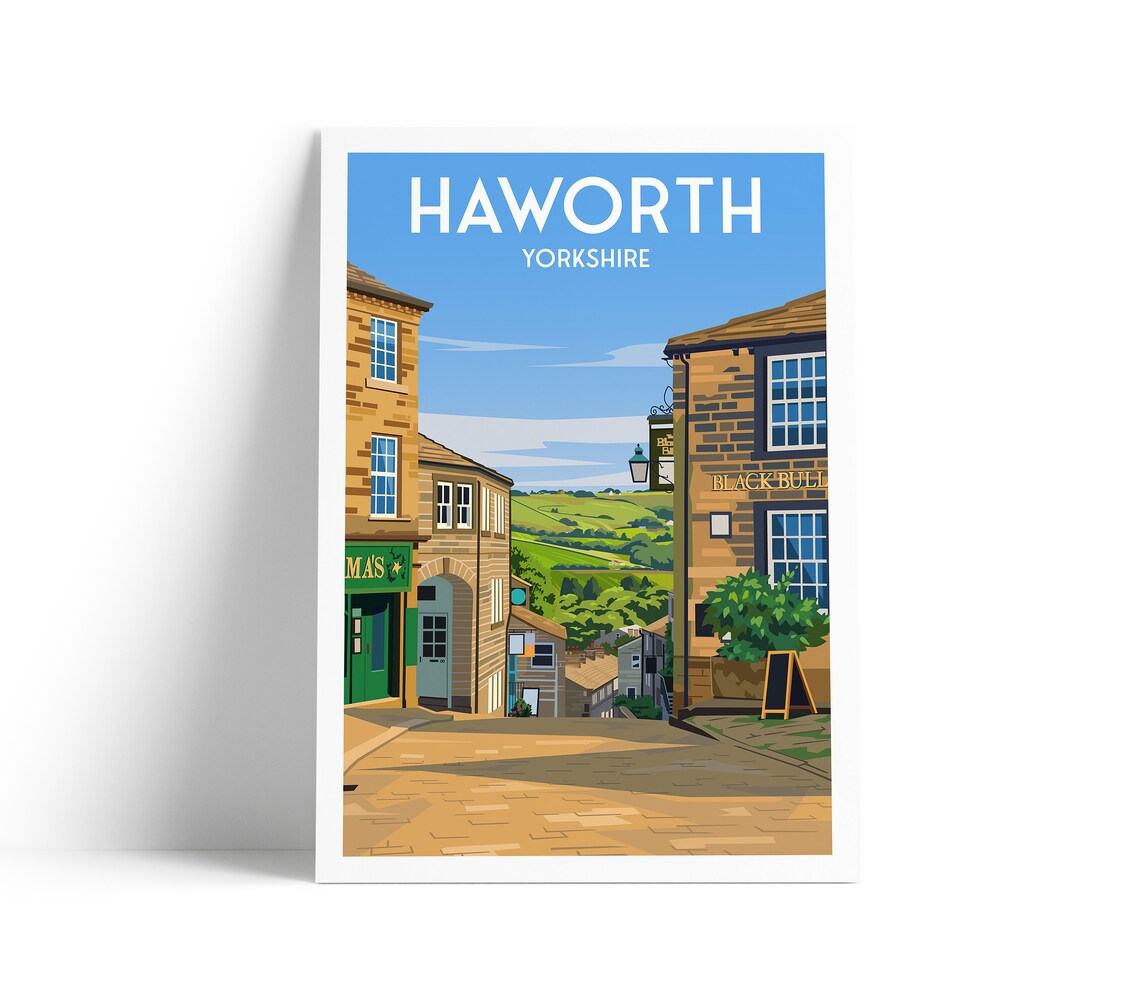 Haworth Yorkshire Vintage Travel Poster Black Bull Street Scene