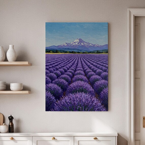 Lavender Field Rows Snowy Mountain Purple Landscape Art Poster