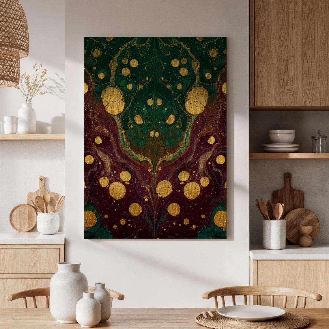 Emerald Gold Burgundy Marbled Fluid Swirl Abstract Elegance Poster