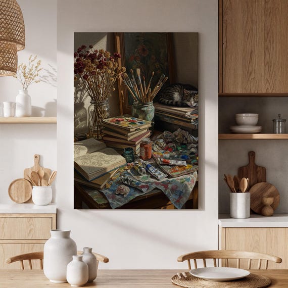 Framed Artist Studio Canvas Wall Art Creative Work Desk With Paints And Books Cozy Space Print For Living Room Office Or