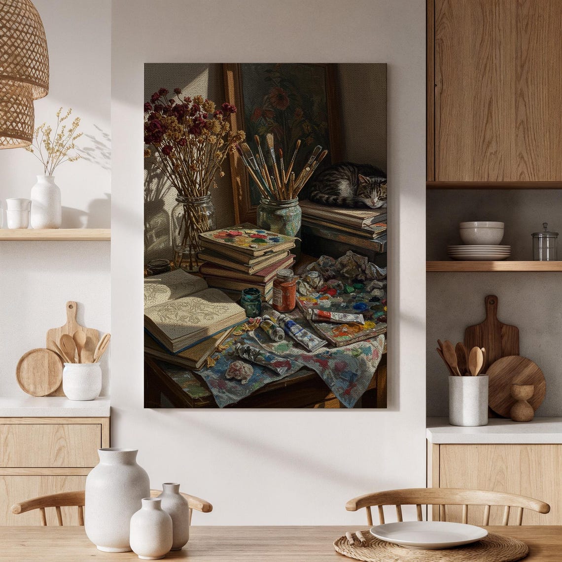 Framed Artist Studio Canvas Wall Art Creative Work Desk With Paints And Books Cozy Space Print For Living Room Office Or
