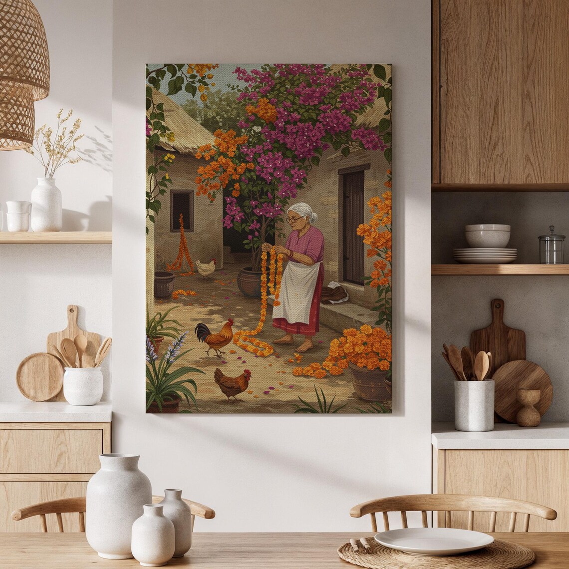Village Woman Making Marigold Garlands Rural Courtyard Art Print
