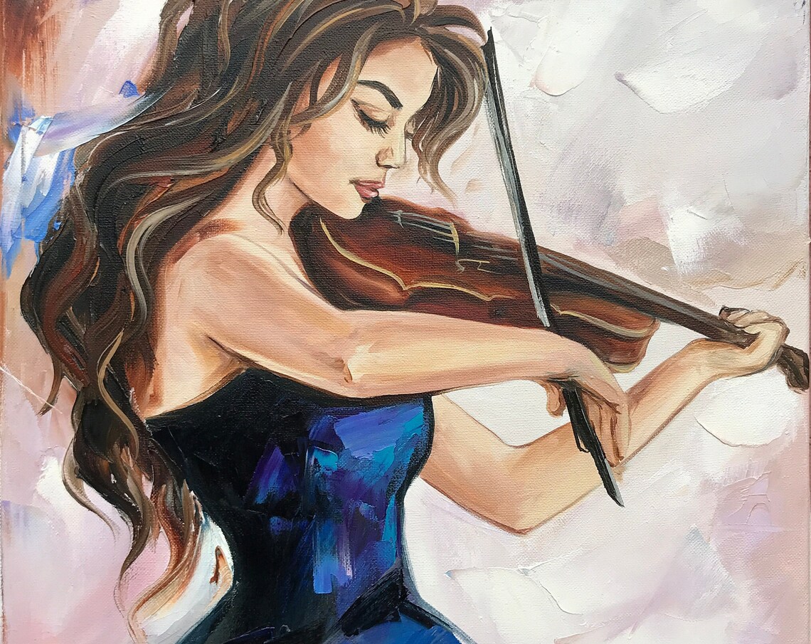 Beautiful Woman Playing Violin In Blue Dress Music Art Painting - Image 3