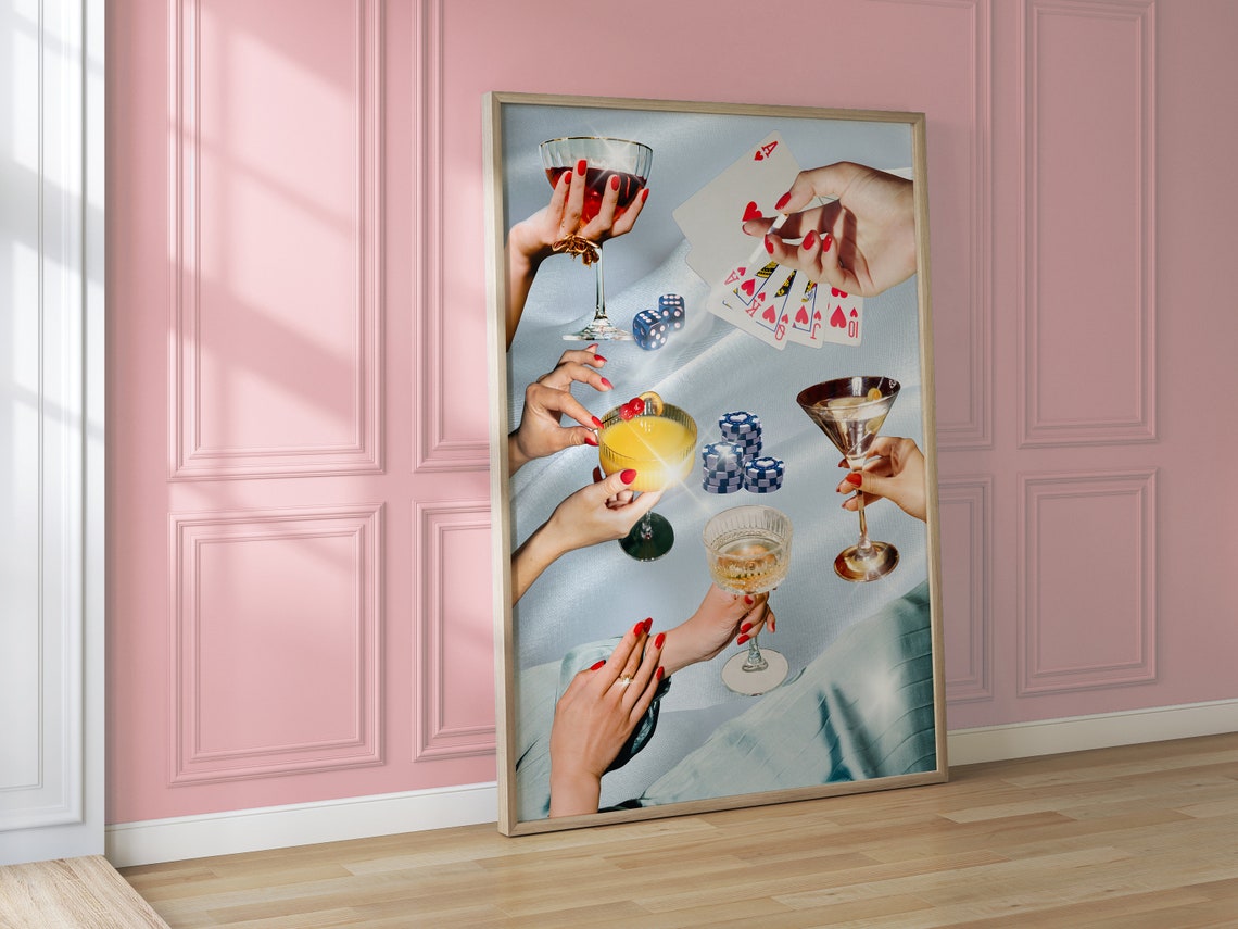 Cocktail Party Hands With Cards and Glasses Retro Collage Poster - Image 3