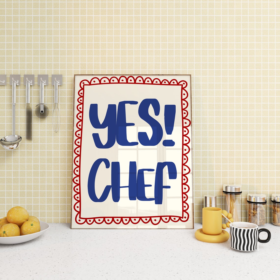 Yes Chef Bold Blue Typography Red Border Kitchen Quote Poster - Image 3