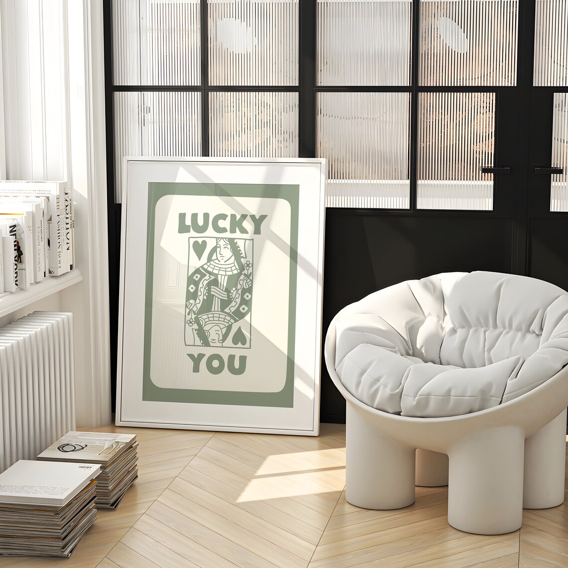 Lucky You Queen of Hearts Green Playing Card Illustration Poster