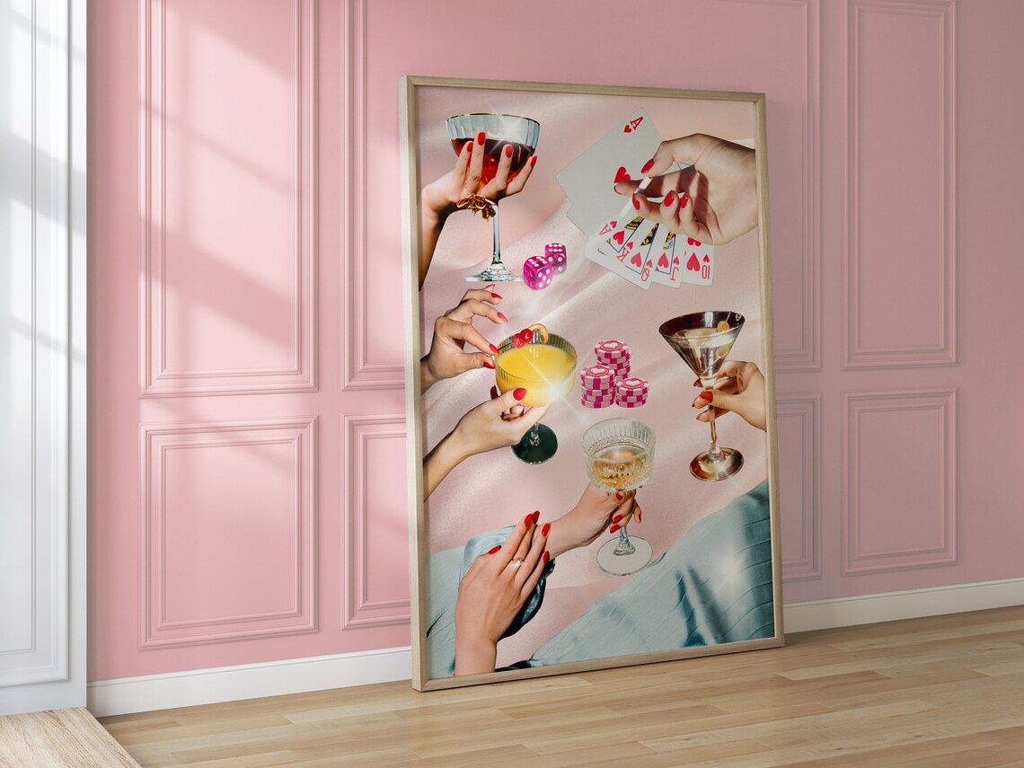Pink Retro Poker Party Collage Cocktails Cards Girls Night Poster - Image 3