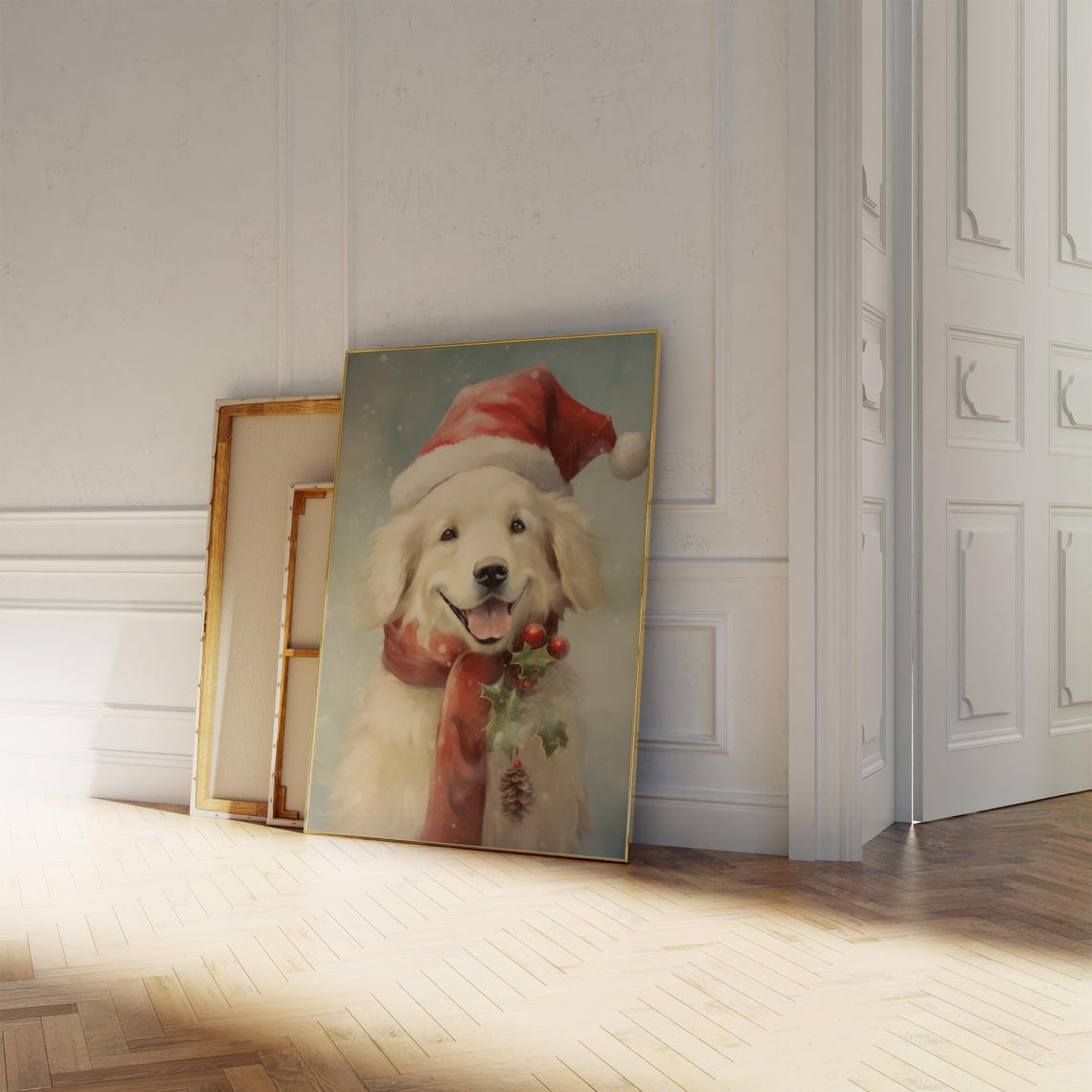 Smiling Golden Retriever Santa Hat Christmas Dog Portrait Poster - Image 3