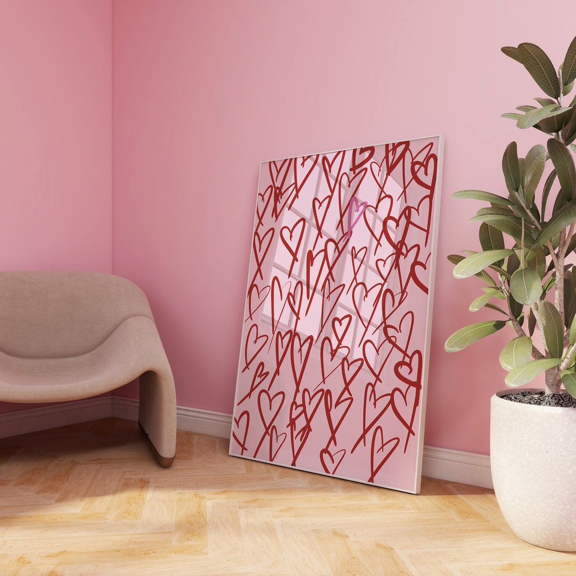 Sweet Red Scribbled Hearts Doodle Pink Background Art Poster - Image 2