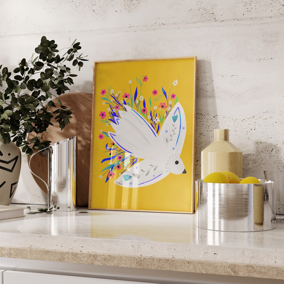 Yellow Seagull Floral Boho Bird Art Print