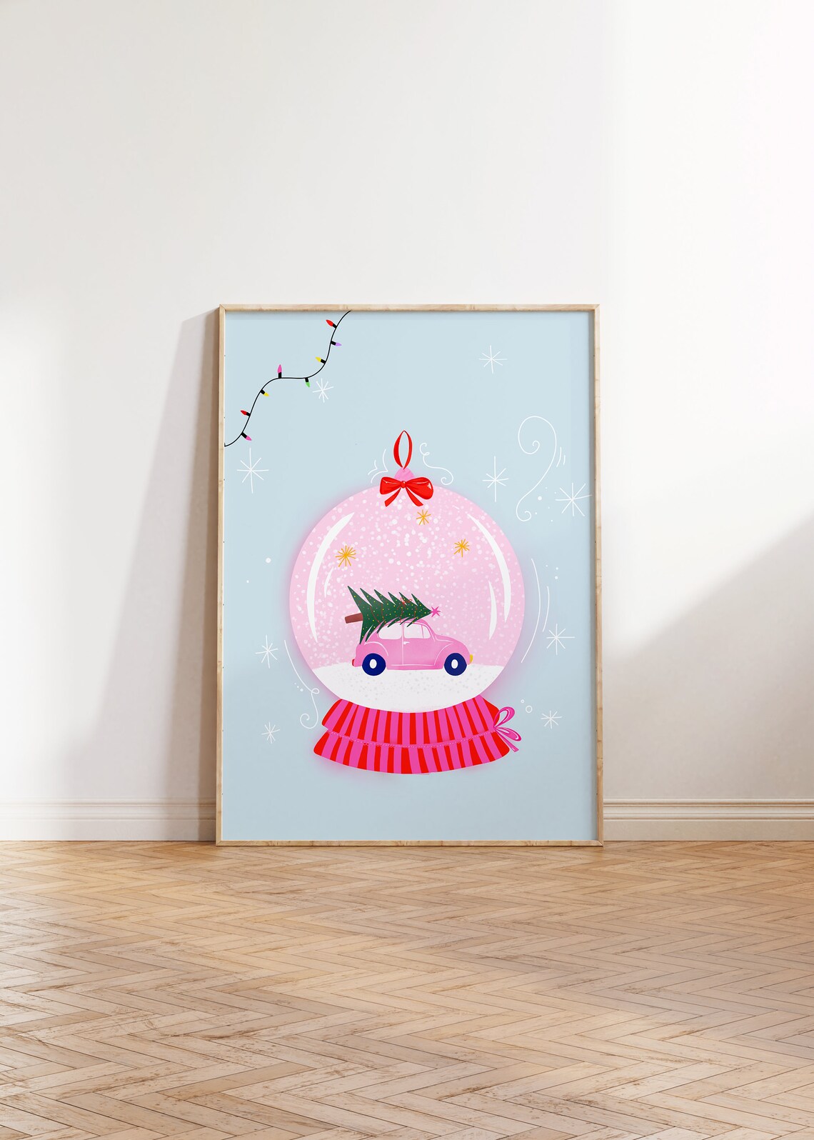 Pink Christmas Snow Globe Eclectic Wall Art Print