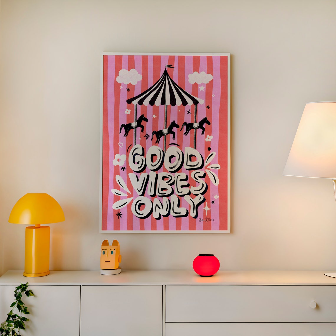 Good Vibes Only Carousel Pink Striped Maximalist Quote Art Poster