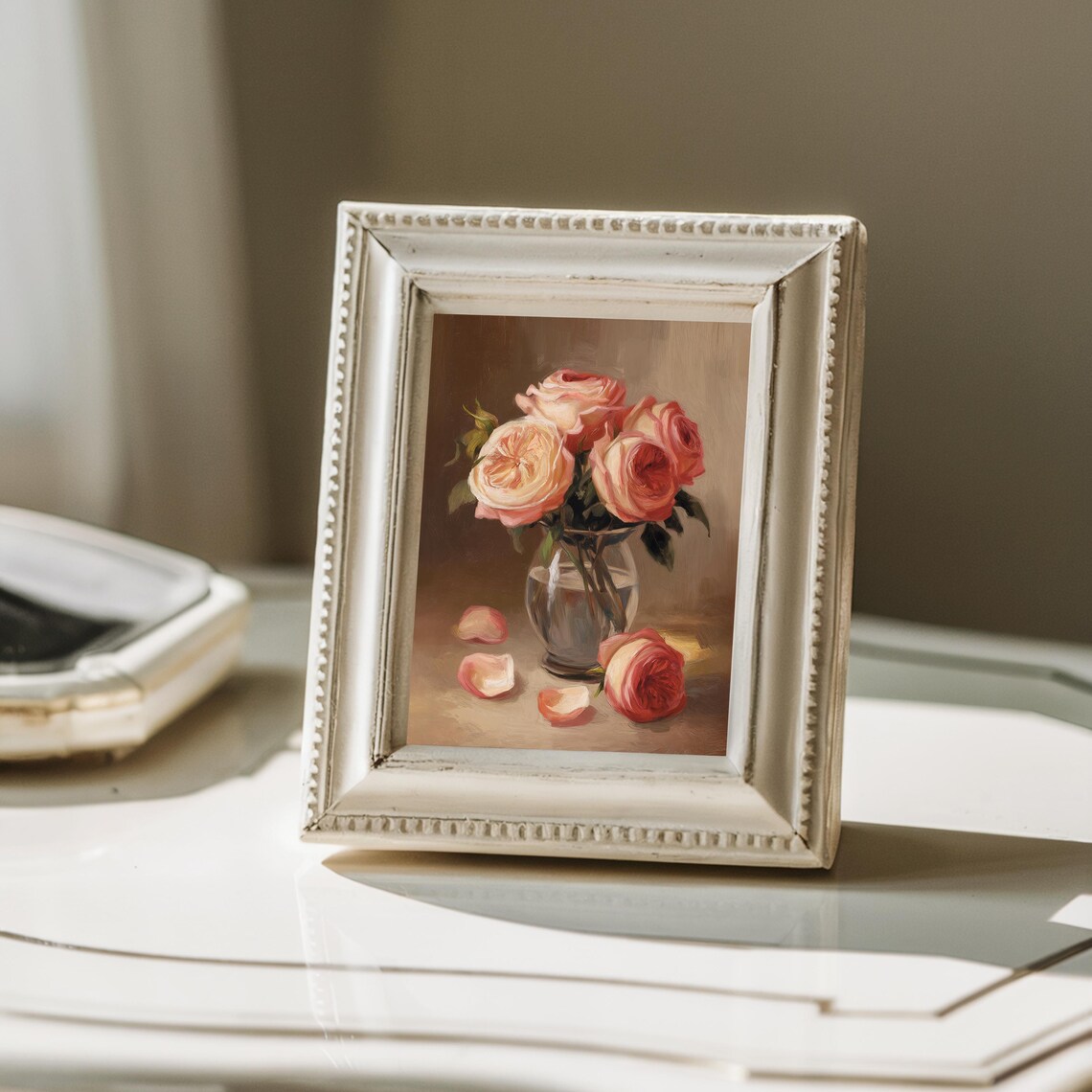 Coral Pink Roses Glass Vase Sunlit Oil Painting Warm Floral Poster - Image 2