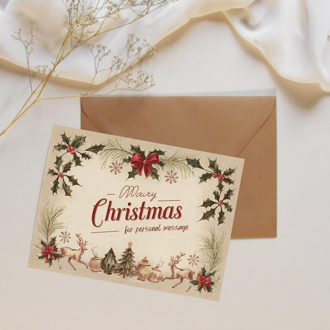 Vintage Merry Christmas Cards Holly Border Personal Message Print - Image 3