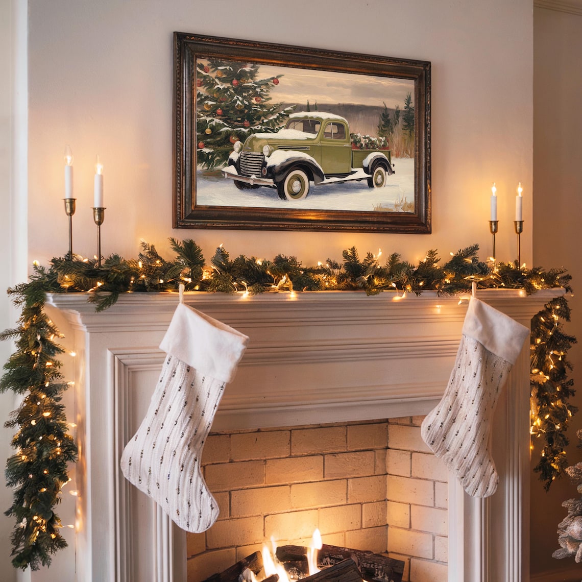 Vintage Green Pickup Truck in Snow With Christmas Tree Poster - Image 3
