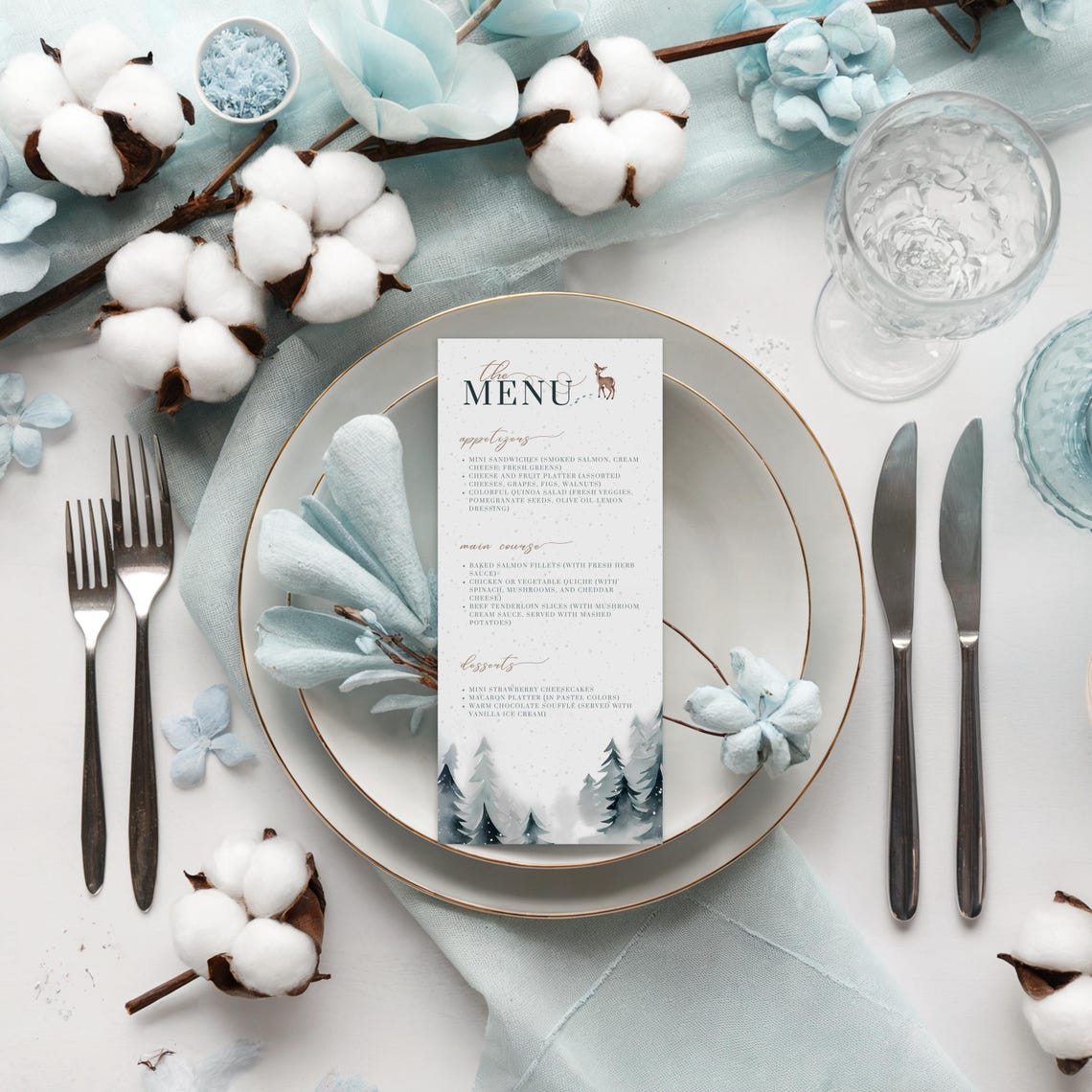 Elegant Winter Baby Shower Menu Card Deer Pine Template Print - Image 2