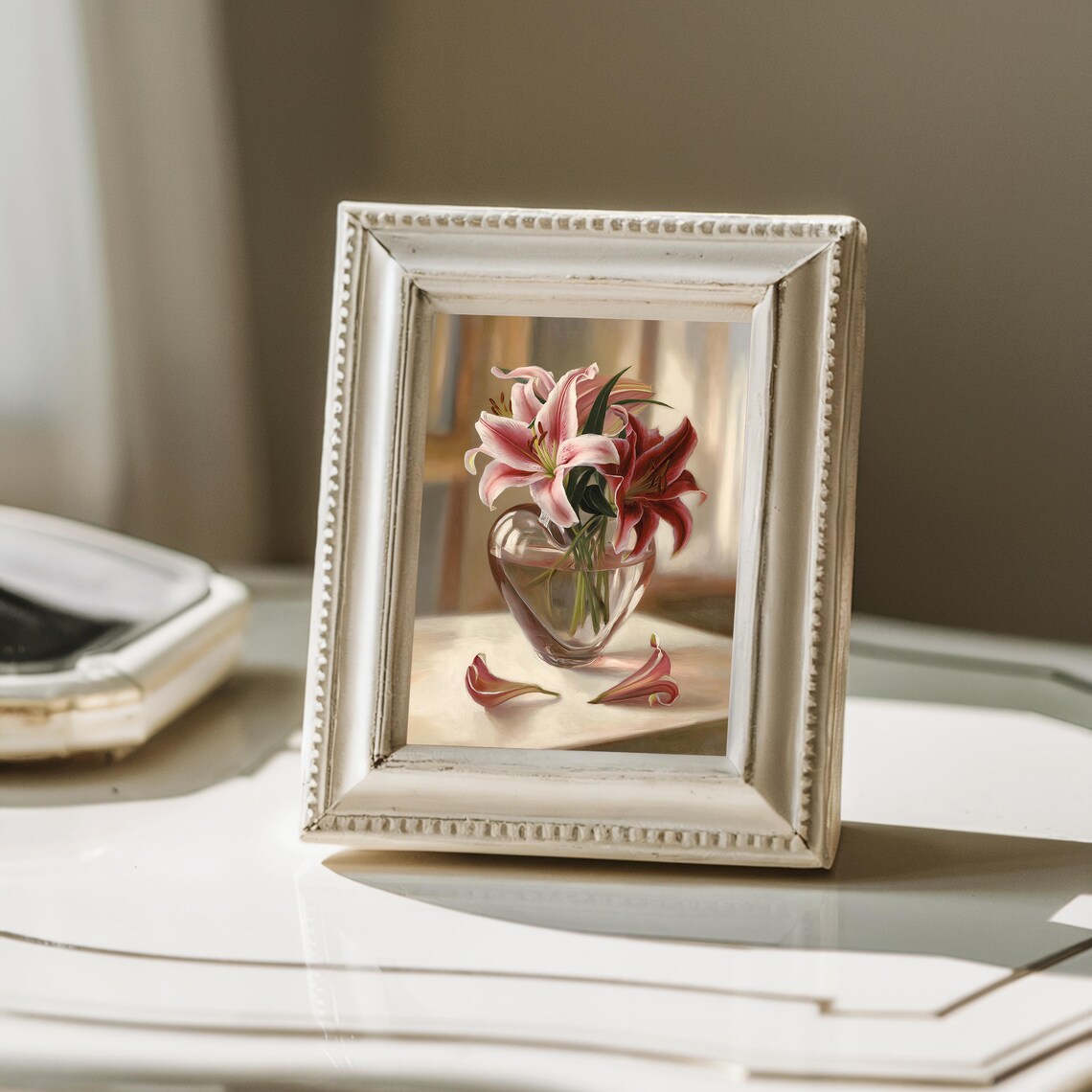 Pink Lilies in Heart Shaped Glass Vase Romantic Oil Painting Poster - Image 3