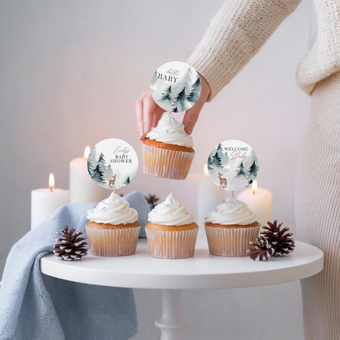 Snowy Winter Deer Baby Shower Cupcake Toppers Hello Baby Print Set - Image 3
