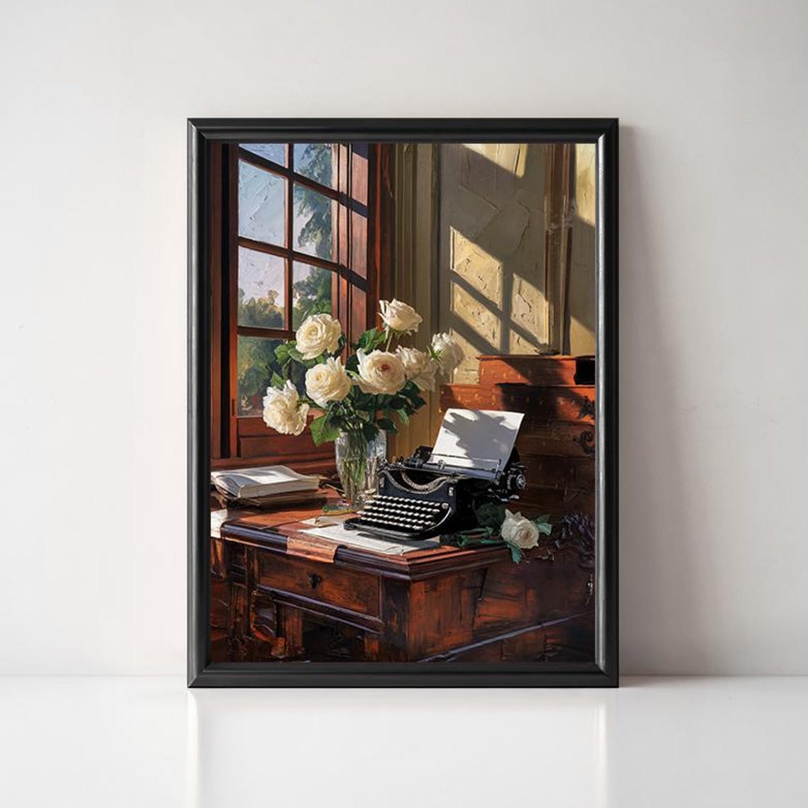 Antique Typewriter With White Roses Sunny Window Still Life Poster