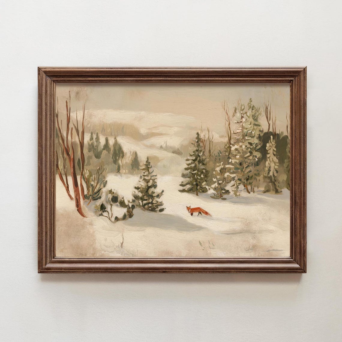 Red Fox Walking Through Snowy Winter Forest Vintage Painting Poster - Image 4
