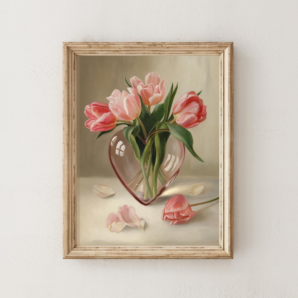 Pink Tulips in Heart Shaped Glass Vase Soft Oil Painting Poster