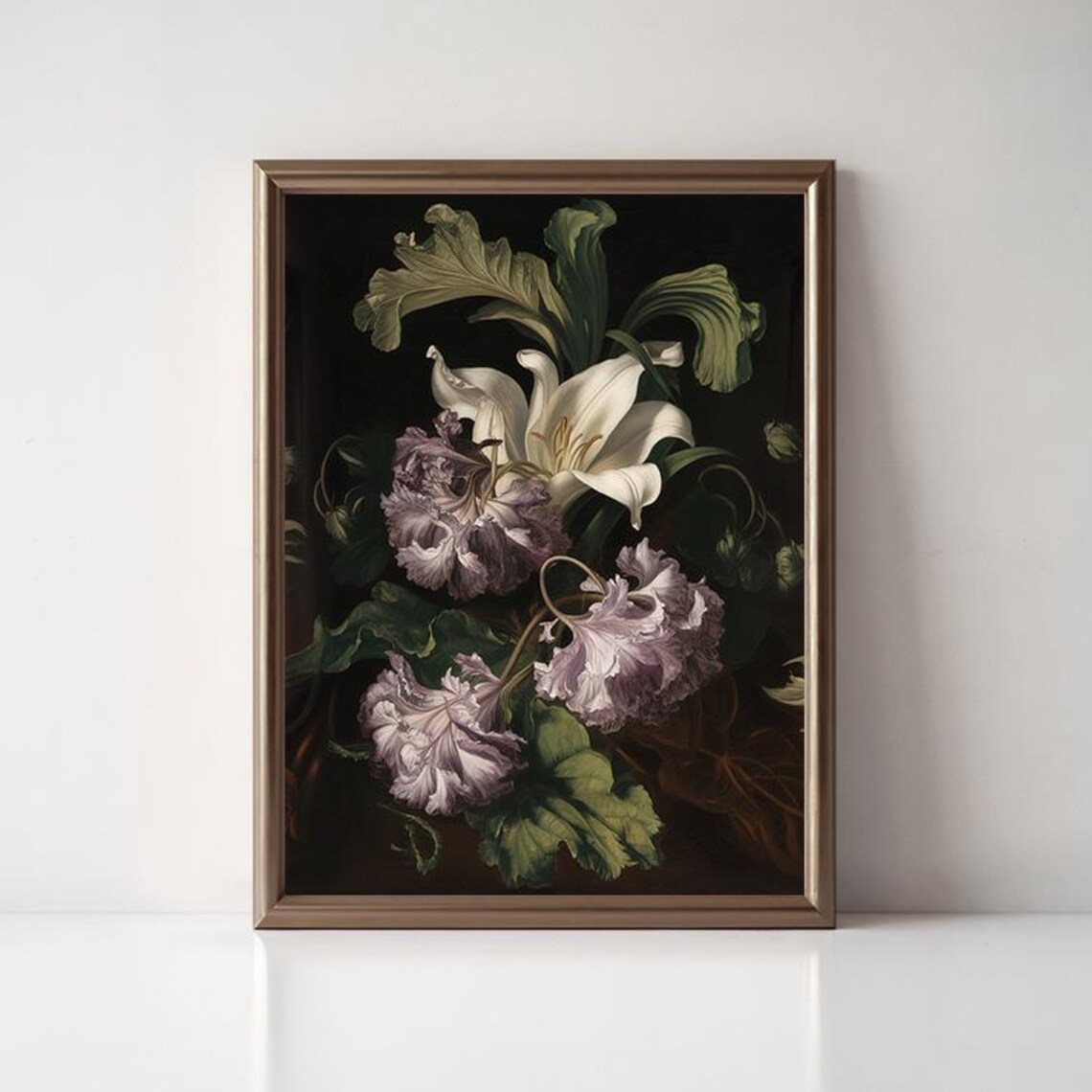 White Lily Purple Iris Dark Botanical Vintage Floral Art Poster