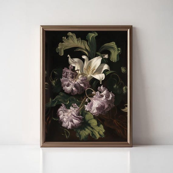 Moody Lily And Purple Floral Print Vintage Dark Botanical Wall Art Dark Academia Aesthetic Decor Farmhouse Wall Art Wall Art