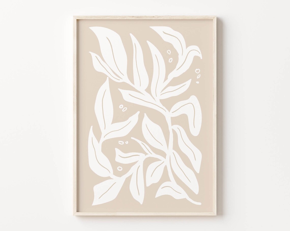 White Botanical Leaf Art Beige Neutral Minimalist Nature Poster
