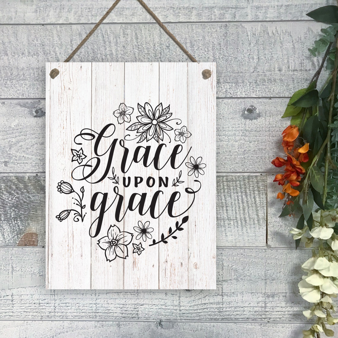 Grace Upon Grace Black Script Floral Christian Farmhouse Poster - Image 2