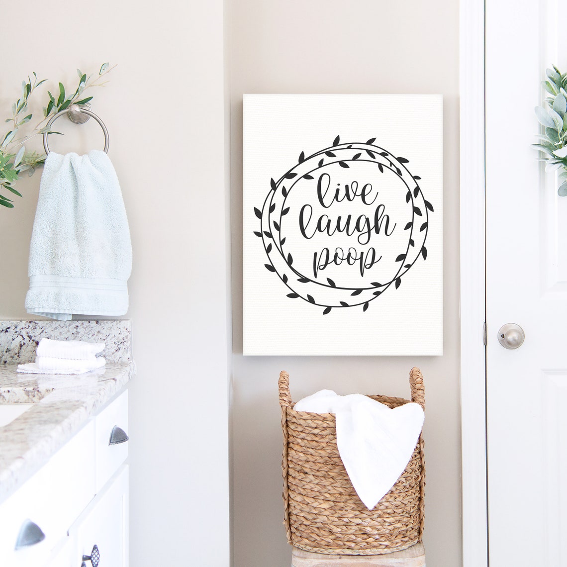 Live Laugh Poop Funny Bathroom Wreath Black White Sign Poster - Image 3