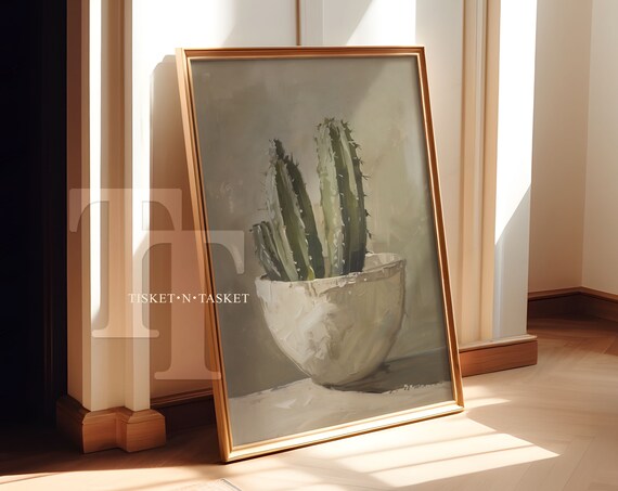 Potted Cactus in Ceramic Bowl Vintage Oil Painting Botanical Print
