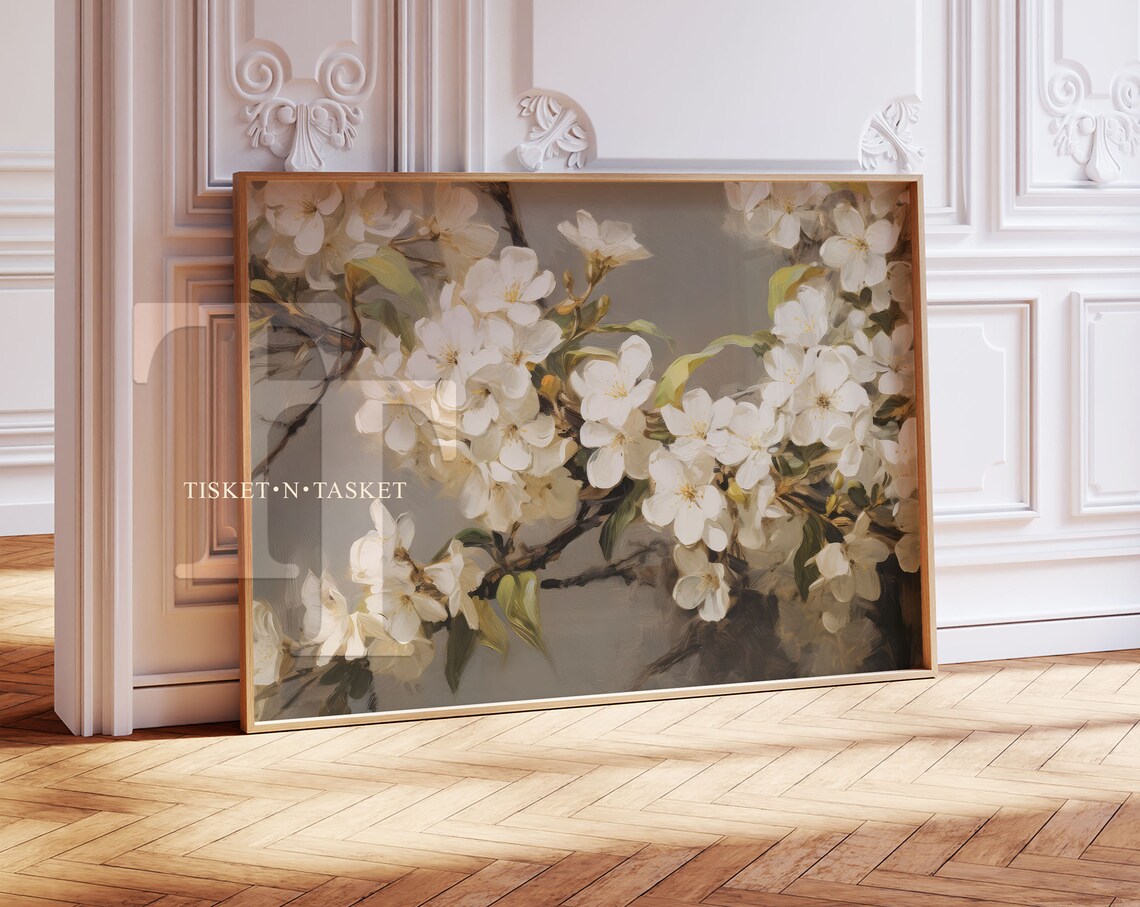 White Flowers Grey Neutral Painting Art Print