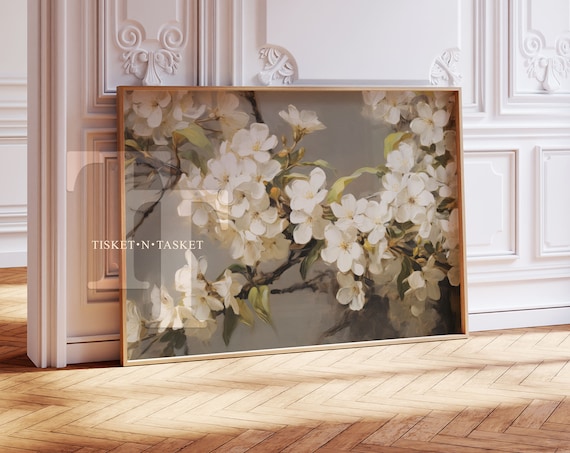 White Flowers Grey Neutral Painting Art Print