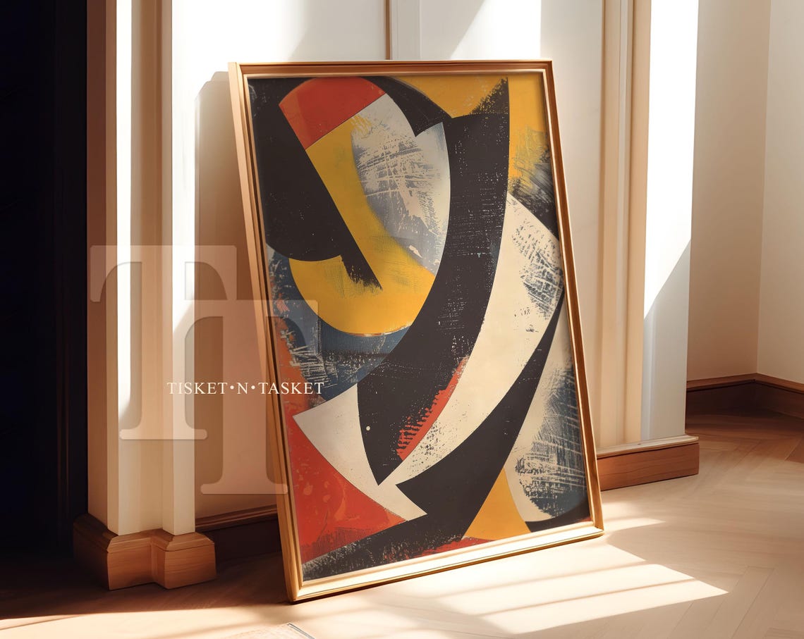 Geometric Mid Century Modern Abstract Painting Black Yellow Blue Beige Red Vertical Wall Art